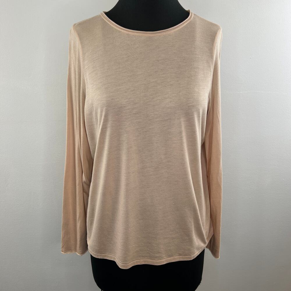 HELMUT LANG Cotton Blend Beige Crew Neck Long Sleeve Casual Basic T-Shirt XS